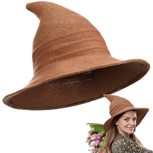 Boyiee Gestrickt Hexe Hut Breitkrempe Gestrickte Mütze Halloween Hexenhut Faltbare Zipfelmütze für Damen Halloween Cosplay Kostüm Maskerade Zubehör(56–58 cm,Karamell,1 Stück) von Boyiee