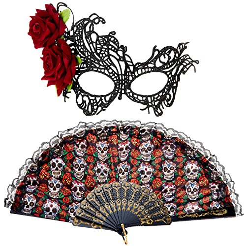 Boyiee Halloween Tag der Toten Augenmaske und Faltbare Fächer Spitze Filigrane Augenmaske Handfächer Handheld Fächer Faltbar Mexiko Zucker Schädel und Rote Rose Tag der Toten Kostüm für Damen Boyiee Halloween Tag der Toten Augenmaske und Faltbare Fächer Spitze Filigrane Augenmaske Handfächer Handheld Fächer Faltbar Mexiko Zucker Schädel und Rote Rose Tag der Toten Kostüm für Damen von Boyiee