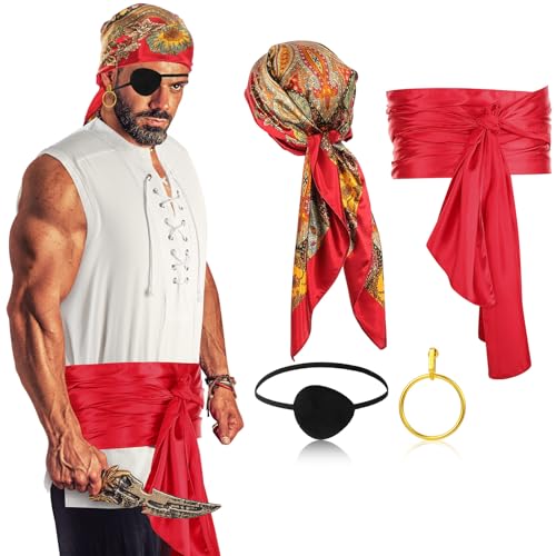 Boyiee Piratenkostüm-Set für Herren, mittelalterliches Renaissance-Hemd, Bandana, Schärpe, Gürtel für Halloween, Cosplay, Party, Rot, Größe S, 5-teilig von Boyiee