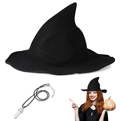 Damen Hexen Hut Halloween Kostüm Zubehör Schwarz mit Breiter Krempe Spitze Zaubererhut Faltbar mit Glücklichen Sechseckigen Kristall Halsketten Geschenk für Halloween Maskerade Cosplay Damen Hexen Hut Halloween Kostüm Zubehör Schwarz mit Breiter Krempe Spitze Zaubererhut Faltbar mit Glücklichen Sechseckigen Kristall Halsketten Geschenk für Halloween Maskerade Cosplay von Boyiee