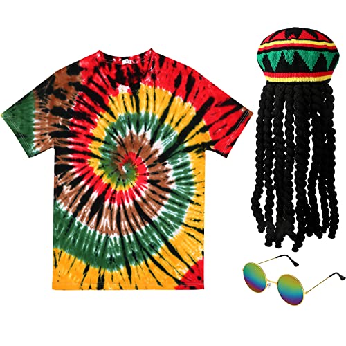 Rasta Kostüme Hut mit Dreadlock Perücke Batikfärbung T-Shirt für Männer Frauen Sonnenbrille Reggae Zubehör 3 Stück, Mehrfarbig, Large von Boyiee
