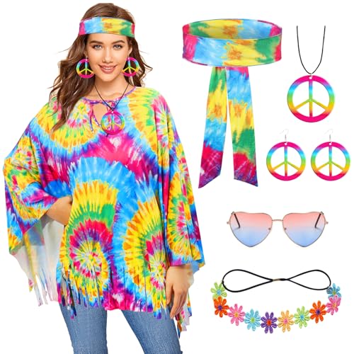 60s 70s Hippie Kostüm Damen Set-6Pcs mit Hippie Poncho Damen Accessoires Stirnband Sonnenbrille Ohrring Halskette Floral Hoop, Hippie Frauen Boho Mode Disco Kostüm für Karneval Disco Thema Party 60s 70s Hippie Kostüm Damen Set-6Pcs mit Hippie Poncho Damen Accessoires Stirnband Sonnenbrille Ohrring Halskette Floral Hoop, Hippie Frauen Boho Mode Disco Kostüm für Karneval Disco Thema Party von Boyigog