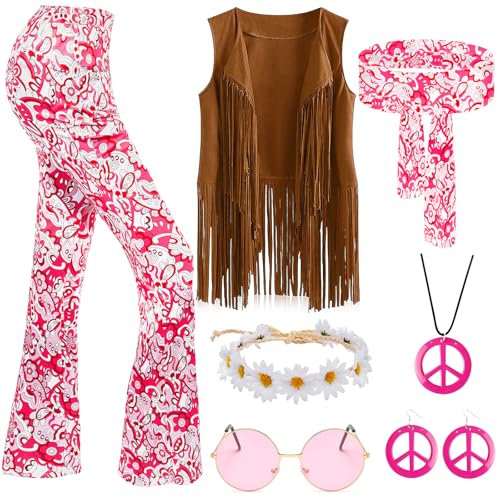 70er Hippie Kostüm Kleidung Damen-7 Stück, Fransenweste Hose mit Blumenmuster Stirnband Girlanden Ohrringe Halskette, 70er Karneval Kostüm Damen, Halloween Karneval Disco Motto Party Kostüm (L) von Boyigog