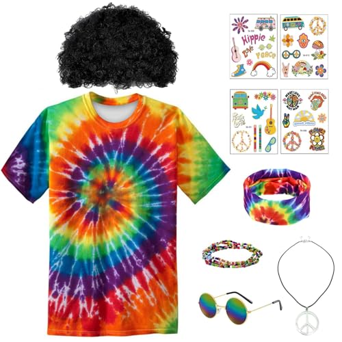 70er Jahre Hippie Kostüm Set,60er 70er Jahre Buntes T-Shirt,Hippie Kleidung mit Brille Armbänder Halsketten Tattoo Aufkleber Schwarze Perücken Regenbogen Haarbänder für Karneval Fasching Motto Party 70er Jahre Hippie Kostüm Set,60er 70er Jahre Buntes T-Shirt,Hippie Kleidung mit Brille Armbänder Halsketten Tattoo Aufkleber Schwarze Perücken Regenbogen Haarbänder für Karneval Fasching Motto Party von Boyigog
