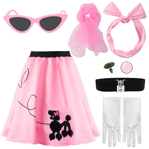 Boyigog 1950er Pudelrock-Kostüm für Damen, 50er-Jahre-Kostüm, rosafarbenes Retro-Outfit für Erwachsene, 7-teilig, Socken-Hop-Zubehör mit Gürtel, Brille, Ohrringe, Schal, Handschuhe, 50er-Jahre-Kostüm von Boyigog