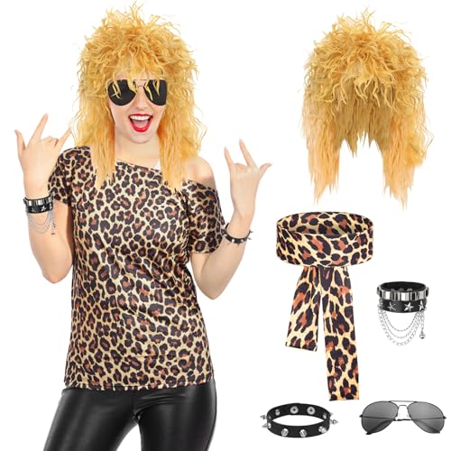 80er Jahre Outfit Damen Popstar, 80er 90er Pop Damen Kleid-6 Stück mit Perücke, T-Shirt, Sonnenbrille, Armband, Stirnband, 80er Jahre Verkleidungskostüme Damen Für Karneval Maskerade Neon Party 80er Jahre Outfit Damen Popstar, 80er 90er Pop Damen Kleid-6 Stück mit Perücke, T-Shirt, Sonnenbrille, Armband, Stirnband, 80er Jahre Verkleidungskostüme Damen Für Karneval Maskerade Neon Party von Boyigog