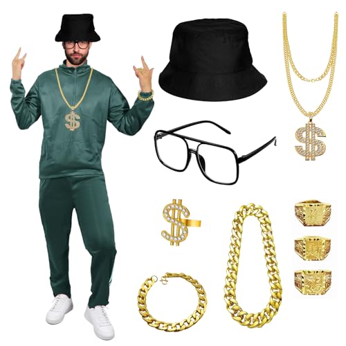 Boyigog 90er-Jahre-Rapper-Kostüm-Set, 11-teilig, mit grün gestreiftem Hip-Hop-Trainingsanzug, Fischerhut, Ringen, Halskette, Armband, Halloween, Rap-Konzerte, Karneval, Party-Kostüm für Erwachsene von Boyigog