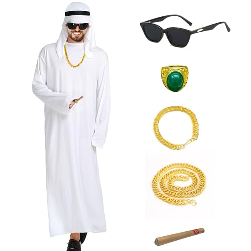 Boyigog Arabisches Erwachsenenkostüm für Herren Halloween Scheich Kostüm mit Robe Kapuze Brille Halskette Arabisch Fasching Outfit für Halloween Karneval Party Boyigog Arabisches Erwachsenenkostüm für Herren Halloween Scheich Kostüm mit Robe Kapuze Brille Halskette Arabisch Fasching Outfit für Halloween Karneval Party von Boyigog