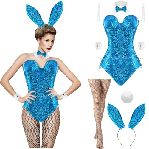 Boyigog Bunny Overall Kostüm Damen Set-7Stück mit Stirnband Socken Fliege Manschetten, Rollenspiel Kaninchen Dame für Halloween Weihnachten Karneval Cosplay Party Fancy Dress Kostüm(Blue, M) von Boyigog