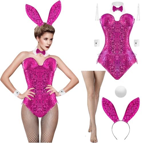 Boyigog Bunny Overall Kostüm Damen Set-7Stück mit Stirnband Socken Fliege Manschetten, Rollenspiel Kaninchen Dame für Halloween Weihnachten Karneval Cosplay Party Fancy Dress Kostüm(Purple, L) von Boyigog