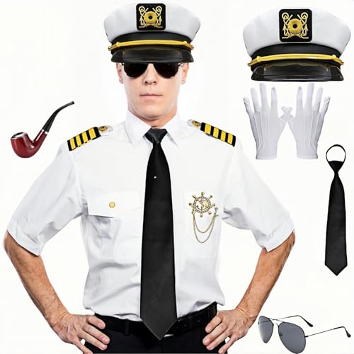 Boyigog Captain Matrosen-Kostüm für Herren, marineblau-weißes Kostüm, 8-teilig, mit weißer Jacke, Kappe, Handschuhe, Bootskapitän, Cosplay, Party, Halloween, Karneval, Erwachsenenkostüm (XXL) von Boyigog
