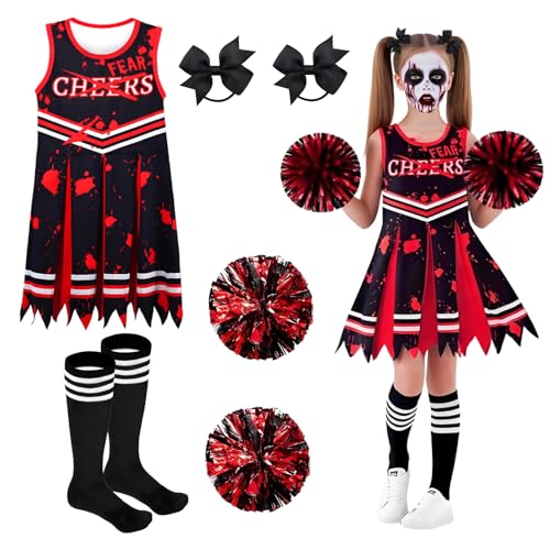 Boyigog Cheerleader Horror Kostüm Mädchen Halloween Schwarz Cheerleader Mädchen Uniform mit Pompon Schleifen Stirnband Socken Schule Cheerleader Kostüm für Halloween Karneval Party (7-8Y) von Boyigog
