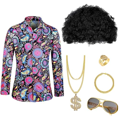 Boyigog Disco Kostüm Herren, 70er Jahre Verkleidung Outfit mit Druck Hemd Perücke Sonnenbrille Halskette, 60er 70er 80er Hippie Kostüm für Halloween Karneval Discos Party (XXL) von Boyigog