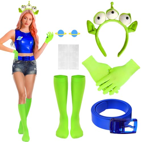 Boyigog Dreiäugiges Alien-Kostüm, 7-teilig, mit Stirnband, Gürtel, Handschuhen, niedliches dreiäugiges Alien-Stirnband, Alien-Ohren-Kostüm, Kopfbedeckungs-Set für Halloween, Cosplay-Party von Boyigog
