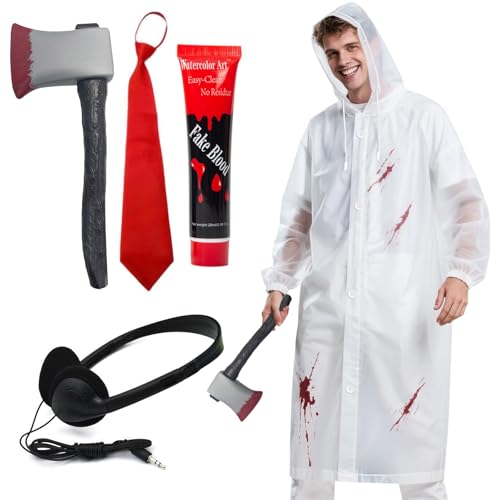 Boyigog Erwachsene Angst Regenmantel Kostüm mit Halloween Transparent Regenmantel Rote Krawatte Headset Plastik Axt Requisite Fake Blut Horror Party Faschingskostüm für Halloween Karneval Partys von Boyigog