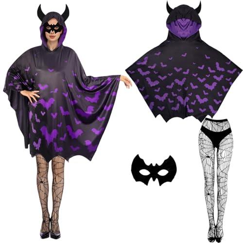 Boyigog Fledermaus Kostüm Damen-3 Stück Maske Netzstrümpfe, Schwarz-Lila Fledermaus Overall mit Kapuze, Karneval Maskerade Halloween Damen Party Fancy Dress Cosplay Kostüm Boyigog Fledermaus Kostüm Damen-3 Stück Maske Netzstrümpfe, Schwarz-Lila Fledermaus Overall mit Kapuze, Karneval Maskerade Halloween Damen Party Fancy Dress Cosplay Kostüm von Boyigog