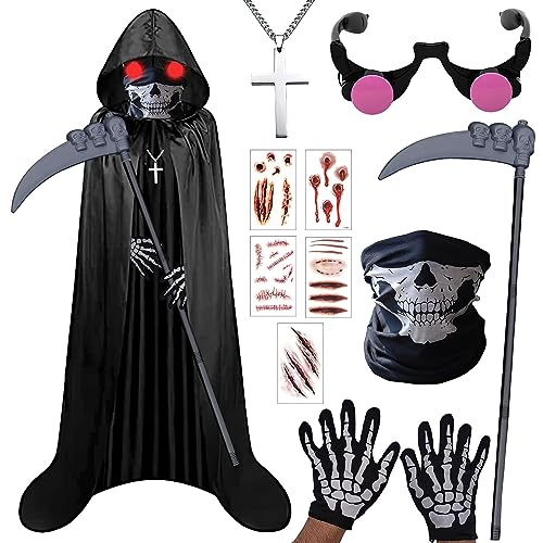 Boyigog Halloween-Kostüm, Sensenmann-Kostüm, 7-teilig, gruseliger Tod, Verkleidung für Erwachsene, schwarzer Umhang, Umhang, Totenkopfmaske, Sense, Handschuhe, Brille, Kreuz, Halskette, Aufkleber für Boyigog Halloween-Kostüm, Sensenmann-Kostüm, 7-teilig, gruseliger Tod, Verkleidung für Erwachsene, schwarzer Umhang, Umhang, Totenkopfmaske, Sense, Handschuhe, Brille, Kreuz, Halskette, Aufkleber für von Boyigog