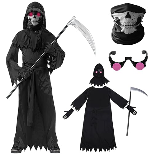 Boyigog Halloween-Kostüm-Set, 6-teilig, für Kinder, Unisex, mit Maske, Kapuze, Handschuhen, Tod, Cosplay, Kostüm, schwarzes Outfit, Kostüm für Halloween, Cosplay, Party Boyigog Halloween-Kostüm-Set, 6-teilig, für Kinder, Unisex, mit Maske, Kapuze, Handschuhen, Tod, Cosplay, Kostüm, schwarzes Outfit, Kostüm für Halloween, Cosplay, Party von Boyigog