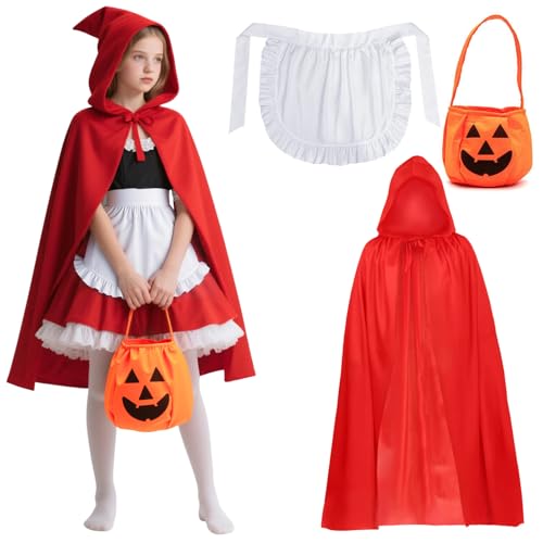 Boyigog Halloween-Kostüm mit roter Kapuze, für Mädchen, 4-teilig, mit Umhang, Haarband, Schürze, Kürbis-Tasche für Halloween, Karneval, Cosplay, Party, kleine rote Kapuze, Faschingskostüm von Boyigog
