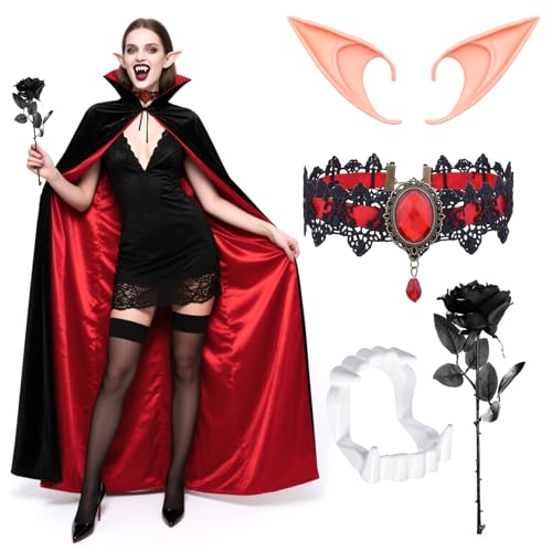 Boyigog Halloween-Vampir-Kostüm, 6-teilig, Gothic-Vampirumhang, schwarz-rote Halskette, Elfenohren, Rose, Vampirzähne, Halloween, Karneval, Cosplay, Vampir, Umhang, Kostüm für Erwachsene und Kinder von Boyigog