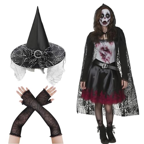 Boyigog Hexenkostüm für Erwachsene, Damen, 3-teilig, mit schwarzem Spinnennetz-Umhang, schwarzer Spitze, Hexenhandschuhen und Hut, Hexen-Outfit-Set für Halloween, Maskerade, Karneval, Cosplay, Kostüm Boyigog Hexenkostüm für Erwachsene, Damen, 3-teilig, mit schwarzem Spinnennetz-Umhang, schwarzer Spitze, Hexenhandschuhen und Hut, Hexen-Outfit-Set für Halloween, Maskerade, Karneval, Cosplay, Kostüm von Boyigog