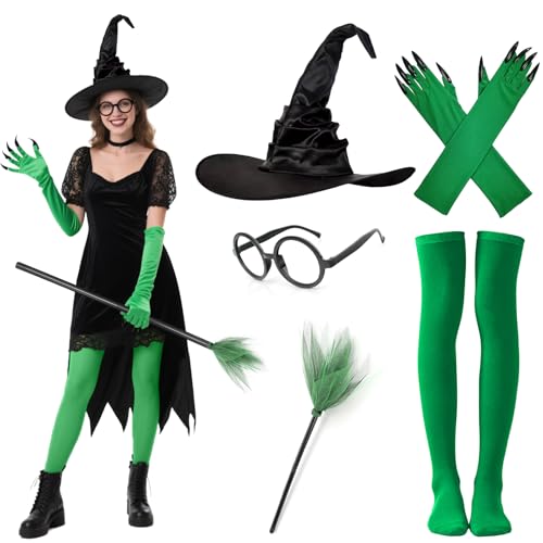 Boyigog Hexenkostüm für Erwachsene, Damen, 5-teilig, mit Hexenhandschuhen, Hut, Socken, Besenstab und Brille, Hexen-Outfit-Set für Halloween, Karneval, Maskerade, Cosplay, Fasching, Damenkostüm Boyigog Hexenkostüm für Erwachsene, Damen, 5-teilig, mit Hexenhandschuhen, Hut, Socken, Besenstab und Brille, Hexen-Outfit-Set für Halloween, Karneval, Maskerade, Cosplay, Fasching, Damenkostüm von Boyigog