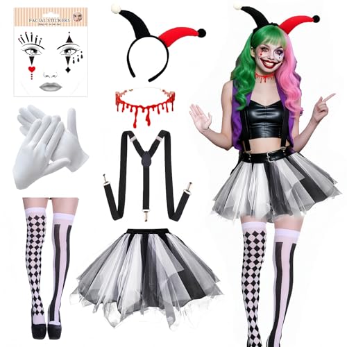 Boyigog Horror Clown Kostüm für Erwachsene Damen mit TuTu Rock Halsketten Socken Stirnband Handschuh Halloween Horror Clown Cosplay Frauen Outfit für Karneval Maskerade Cosplay Party Schwarz-Weiß Boyigog Horror Clown Kostüm für Erwachsene Damen mit TuTu Rock Halsketten Socken Stirnband Handschuh Halloween Horror Clown Cosplay Frauen Outfit für Karneval Maskerade Cosplay Party Schwarz-Weiß von Boyigog