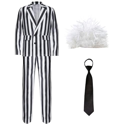 Boyigog Horror Herren schwarz-weiß gestreift Anzug Kostüm mit Perücke Krawatte Horror Halloween Herren Cosplay Outfit Halloween Karneval Cosplay Faschingskostüm von Boyigog