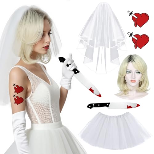 Boyigog Horrorbraut-Kostüm, Halloween, Damen-Outfit, Zubehör, 5-teilig, mit TuTu-Rock, Perücke, Schleier, Stirnband, Tattoo, Herzbraut für Damen, Kostüm für Halloween, Karneval, Party Boyigog Horrorbraut-Kostüm, Halloween, Damen-Outfit, Zubehör, 5-teilig, mit TuTu-Rock, Perücke, Schleier, Stirnband, Tattoo, Herzbraut für Damen, Kostüm für Halloween, Karneval, Party von Boyigog