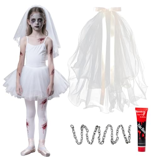 Boyigog Horrorbrautkostüm für Mädchen, Halloween, Kinder-Kostüm, Outfits mit weißem Schleier, Kleid, Kettenrequisiten, Halloween, Karneval, Cosplay, Horror, Braut, Kinderkostüm (120) von Boyigog