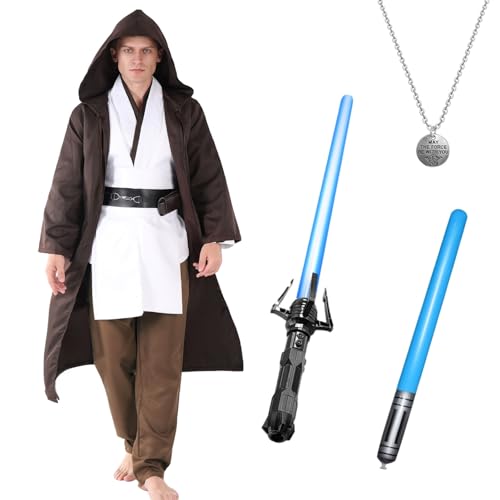 Boyigog Jedi Robe Kostüm Jedi Ritter Kapuzenumhang Set mit Halskette Lichtschwert für Männer Frauen Halloween Cosplay 9-teilig von Boyigog