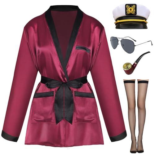 Boyigog Kapitänskostüm, 5-teiliges Kapitäns-Outfit für Damen mit roter Seidenmanteljacke, Damenstrümpfe, Kapitänshut, Sonnenbrille und Pfeife, Kapitänskostüme für Halloween, Karneval, Cosplay, Party Boyigog Kapitänskostüm, 5-teiliges Kapitäns-Outfit für Damen mit roter Seidenmanteljacke, Damenstrümpfe, Kapitänshut, Sonnenbrille und Pfeife, Kapitänskostüme für Halloween, Karneval, Cosplay, Party von Boyigog