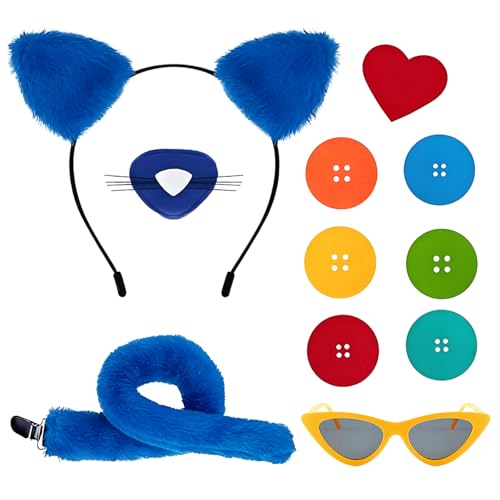 Boyigog Katzenkostüm Halloween Blau Zubehör mit Blau Katzenohren Nase Stirnband Schwanz Gelb Brille Knopf Aufkleber Katze Verkleidung Kinder Kostüm für Halloween Karneval Party von Boyigog