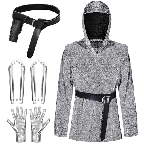 Mittelalterliches Ritter Kostüm für Erwachsene, Herren Kapuzenbluse, Ledergürtel, Silberne Handgelenkstaschen, Handschuhe, Renaissance Vintage Accessoires--SilberSchwarz Halloween Carnival Cosplay(S) von Boyigog