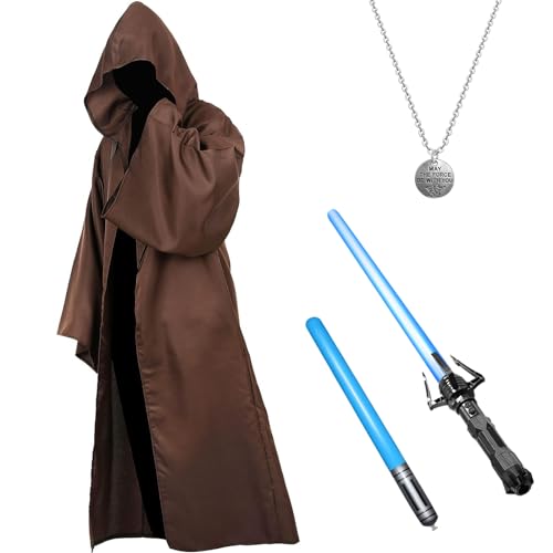 Boyigog Hoodies Robe Cosplay Cape Kostüm für Herren-4Pcs mit Blau Lightsaber, Halskette, Kapuzenmantel Outfit Umhang Mittelalterlich für Erwachsene Halloween Karneval Cosplay Set(Braun-XXL) Boyigog Hoodies Robe Cosplay Cape Kostüm für Herren-4Pcs mit Blau Lightsaber, Halskette, Kapuzenmantel Outfit Umhang Mittelalterlich für Erwachsene Halloween Karneval Cosplay Set(Braun-XXL) von Boyigog