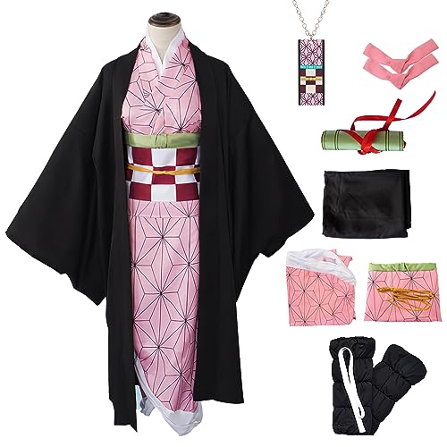 Boyigog Nezuko Tanjiro Cosplay Kostüm Set,Nezuko Kimono Outfits für Kinder Erwachsene,Anime Kostüm mit Bambus,Damen Karneval Party Fancy Dress von Boyigog