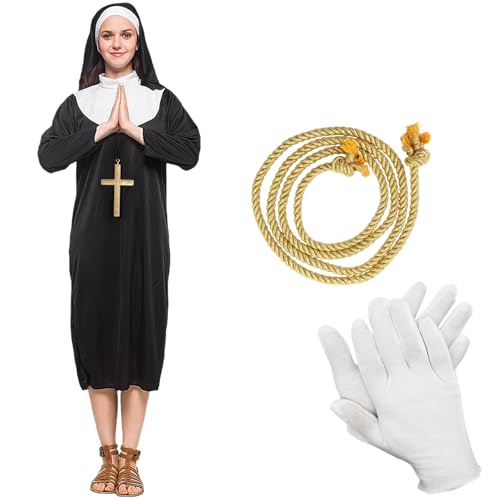 Boyigog Nonnen-Halloween-Kostüm, Nonnen-Zubehör mit schwarzem Kleid, Kopfbedeckung, Handschuhen, Kreuz-Halskette, Seilgürtel, Aufkleber, Horror-Nonne, Kostüm, Halloween, Cosplay, Party-Outfit für Boyigog Nonnen-Halloween-Kostüm, Nonnen-Zubehör mit schwarzem Kleid, Kopfbedeckung, Handschuhen, Kreuz-Halskette, Seilgürtel, Aufkleber, Horror-Nonne, Kostüm, Halloween, Cosplay, Party-Outfit für von Boyigog