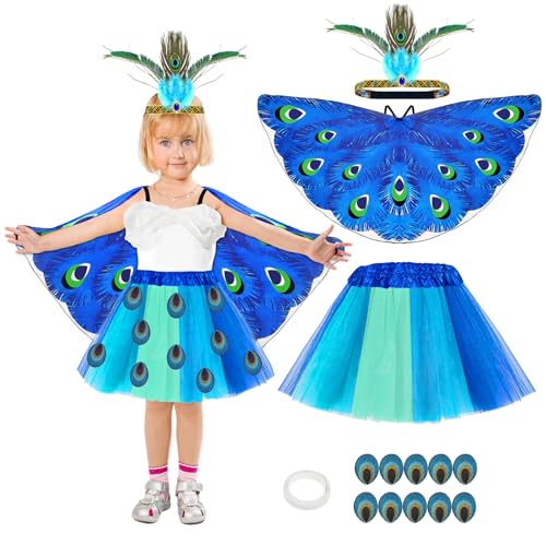 Boyigog Pfauenkostüm für Kinder, Halloween, Pfau, Blau, Tutu, Rock, Kostüm, Outfit, 14-teilig, mit Flügeln, Umhang, Haarband, Tierkostüm für Halloween, Karneval, Cosplay, Party von Boyigog