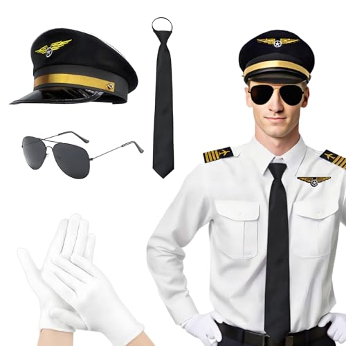 Boyigog Pilotenkostüm Erwachsene Kapitän Uniform Pilotenshirt Verkleidung Zubehör mit Hut Sonnenbrille Krawatte Handschuhe Halloween Karneval Cosplay Kapitän Outfit Mottoparty (L) von Boyigog