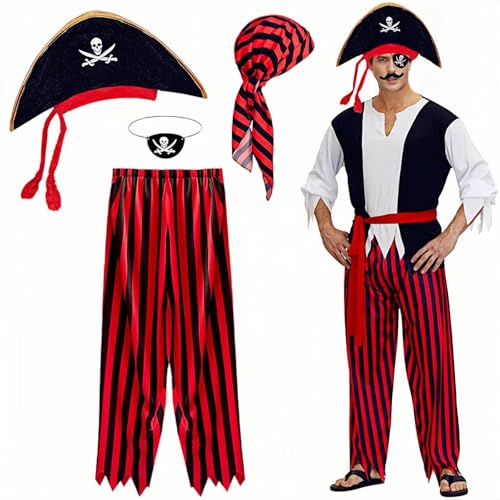 Boyigog Piratenkostüm für Erwachsene, 4-teiliges Piraten-Outfit-Set mit Kapitän-Piratenhut, Augenklappe, Hose, Stirnband, Piraten-Thema, Cosplay, Party, Halloween, Karneval, Erwachsenenkostüm (M) von Boyigog