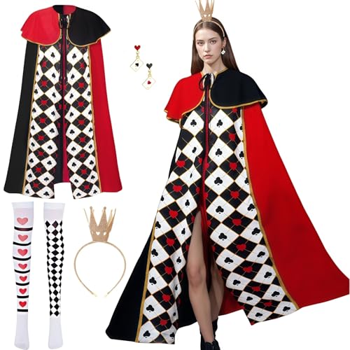 Boyigog Queen Costumes Erwachsenenkostüm, rot-schwarze Herzen, Umhang für Damen, 6-teilig, Damen-Umhang mit Krone, Haarband, Ohrringe, Socken, Königin-Umhang, Cosplay-Kostüm für Halloween, Karneval Boyigog Queen Costumes Erwachsenenkostüm, rot-schwarze Herzen, Umhang für Damen, 6-teilig, Damen-Umhang mit Krone, Haarband, Ohrringe, Socken, Königin-Umhang, Cosplay-Kostüm für Halloween, Karneval von Boyigog