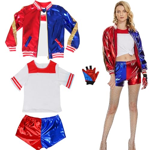 Boyigog Harley Quinn Kostüme für Erwachsene, Karneval Harley Quinn Kostüm Mädchen Cosplay Costume, Cosplay Kleid Kostüme für Enthalten Jacke, Shorts, T-Shirt, Handschuh für Halloween Karneval von Boyigog