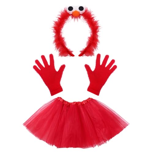 Boyigog Sesames-Kostüm für Erwachsene und Kinder, 4-teilig, mit roten Handschuhen, Stirnband, Tutu-Rock, roter Cartoon-Cosplay-Kostüm, für Halloween, Karneval, Cosplay, Party (Einheitsgröße, Kinder) von Boyigog