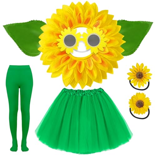 Boyigog Sonnenblumen-Kostüm-Set für Damen, 8-teilig, Sonnenblumen-Tutu-Rock mit Kopfbedeckung, Strumpfhose, Brille, Handschuhe, Sonnenblumenkostüm, Zubehör für Sommer, Cosplay, Mottoparty von Boyigog