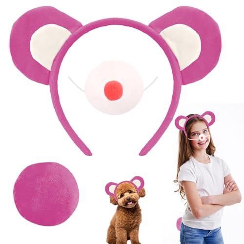Boyigog Süßes Bärenkostüm-Zubehör für Kinder und Erwachsene, mit Bärenohren, Stirnband, Nase, Schwanz, Bärencharakter, Cosplay, Kostüme, für tägliche Party, Halloween, Karneval, Kostümzubehör (Rose) von Boyigog