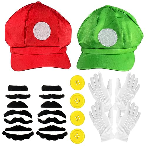 Boyigog Mario Luigi Kostüm Accessories,Mütze rot und grün für Erwachsene,Handschuhe Klebe-Bärten Knöpfe Cosplay Kostüm für Kostüme Damen Herren Kind Outfits Karneval Brüder Kostüm Hut von Boyigog