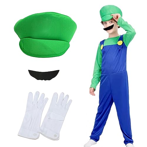 Boyigog Mario Kostüm,Cosplay Kostüm Super Brothers Klempner,Kostüm mit Bodysuit,Cap und Schnurrbart,Damen Herren Jungen Madchen Outfit für Karneval Party Halloween von Boyigog