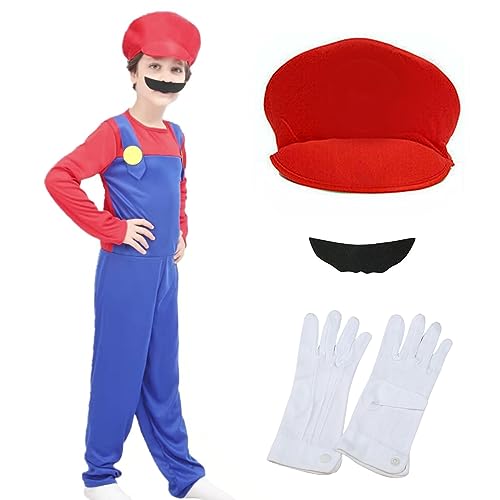 Boyigog Mario Kostüm,Cosplay Kostüm Super Brothers Klempner,Kostüm mit Bodysuit,Cap und Schnurrbart,Damen Herren Jungen Madchen Outfit für Karneval Party Halloween von Boyigog