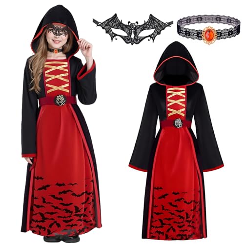 Boyigog Vampirkostüm für Mädchen, Halloween, Vampirhaube, Gothic-Kleid Kostüm mit Halskette Maske, Vampirkönigin Mädchen Outfit für Halloween, Karneval, Cosplay (130) von Boyigog