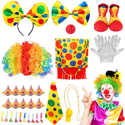 Buntes Clown Kostüm Set-10 Stück für Erwachsene mit Zubehör Lockenperücke Rote Nase Bunte Fliege Tasche Handschuhe Schuhe Zirkusrequisiten, Karneval Halloween Maskerade Cosplay Party Kostüm Zubehör Buntes Clown Kostüm Set-10 Stück für Erwachsene mit Zubehör Lockenperücke Rote Nase Bunte Fliege Tasche Handschuhe Schuhe Zirkusrequisiten, Karneval Halloween Maskerade Cosplay Party Kostüm Zubehör von Boyigog
